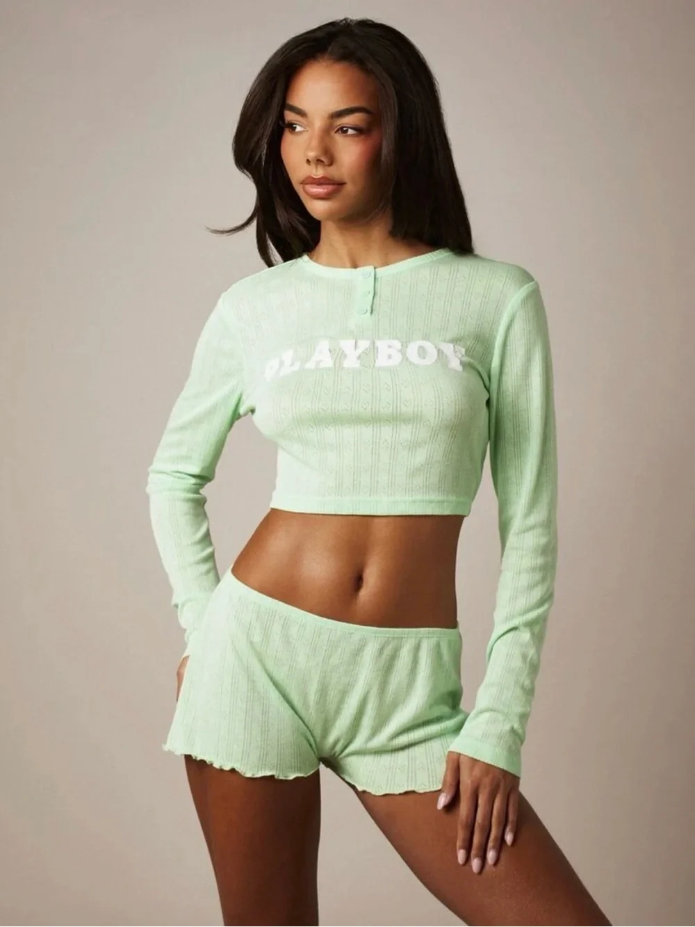 PLAYBOY Mint Ribbed Long-Sleeve Crop Top & Shorts Lounge Set